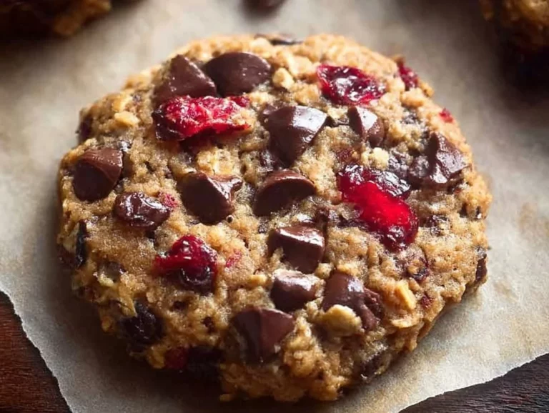Healthy dark chocolate cranberry oatmeal cookies fresh out of the oven.