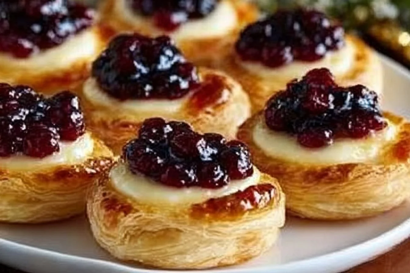 Plate of holiday cranberry brie bites topped with green herbs