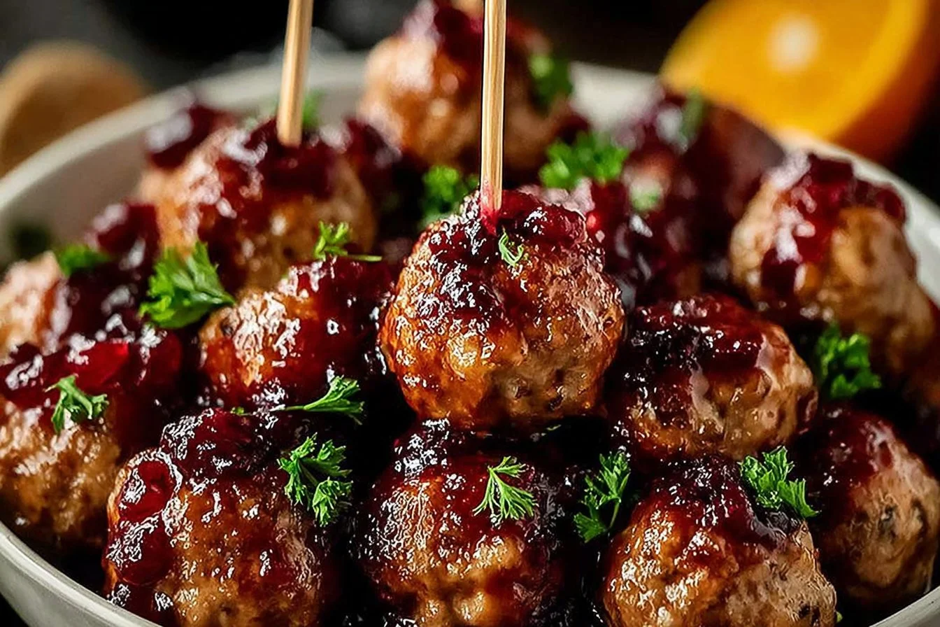 Plate of Holiday Meatballs with Cranberry Orange Sauce garnished with herbs