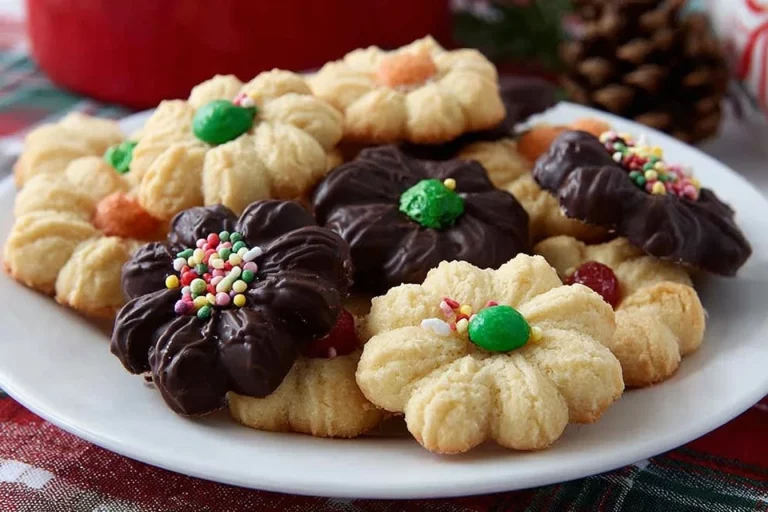 Plate of keto spritz cookies decorated with holiday sprinkles
