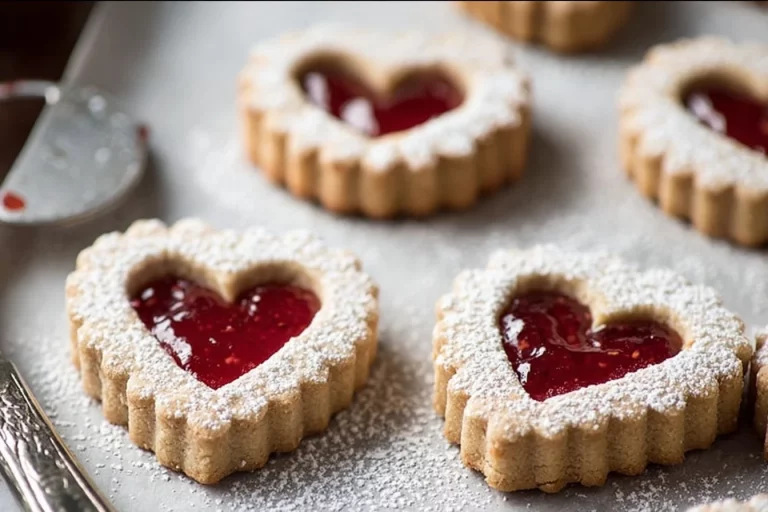 Plate of freshly baked Linzer Cookies with jam filling and powdered sugar.