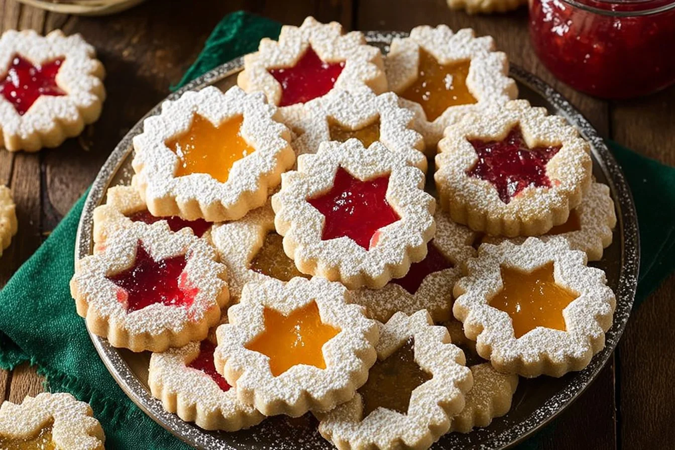 Homemade Linzer Cookies with fruit preserves and powdered sugar