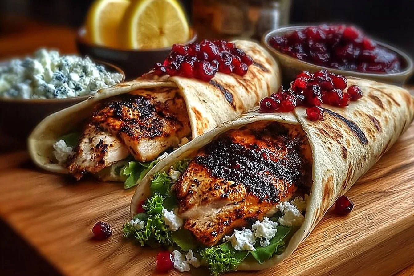 Mediterranean Greek Chicken Souvlaki Wraps served with cranberry tzatziki sauce