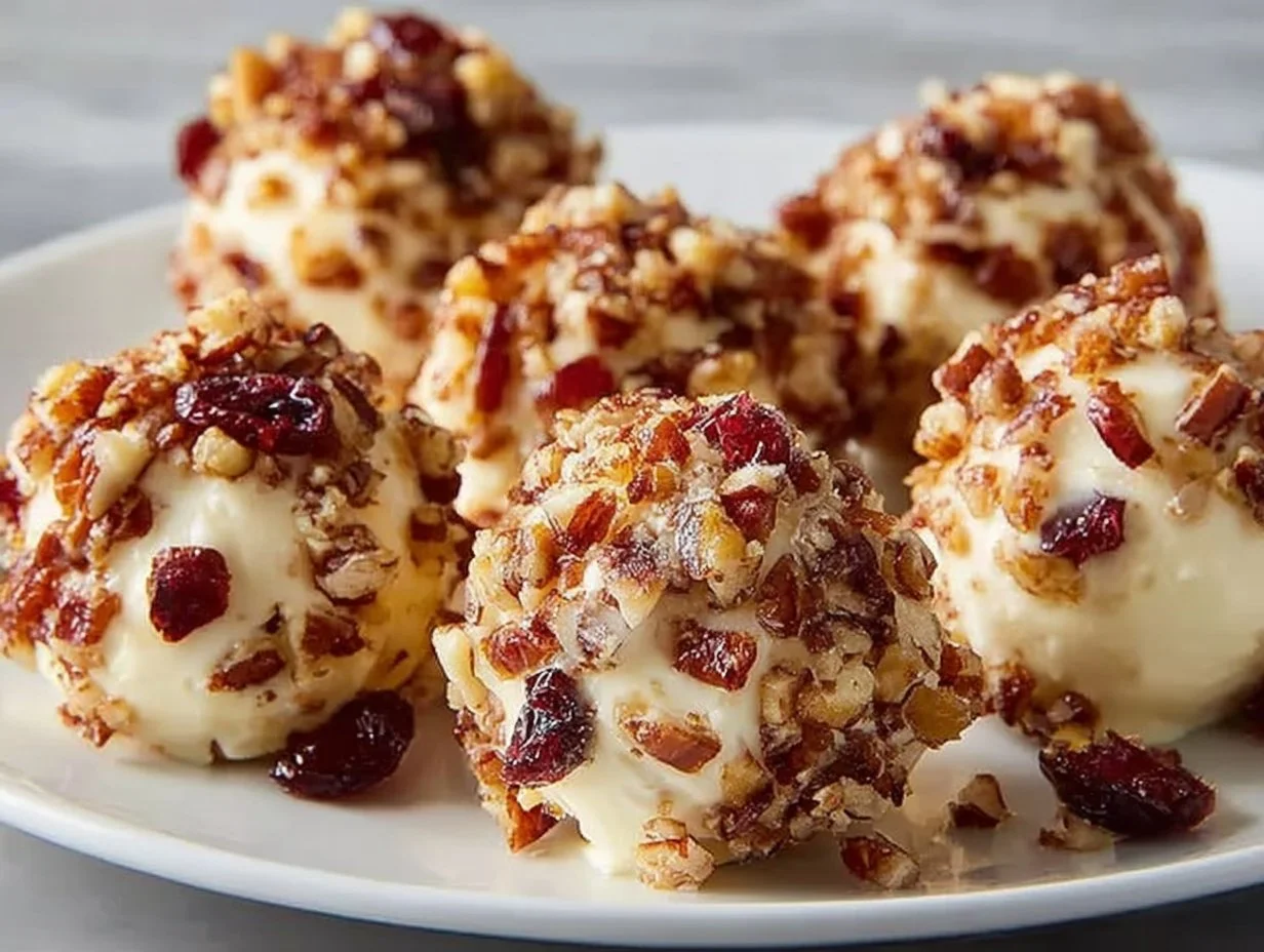 Mini Pineapple Cranberry Cheese Balls with Pecans on a serving plate