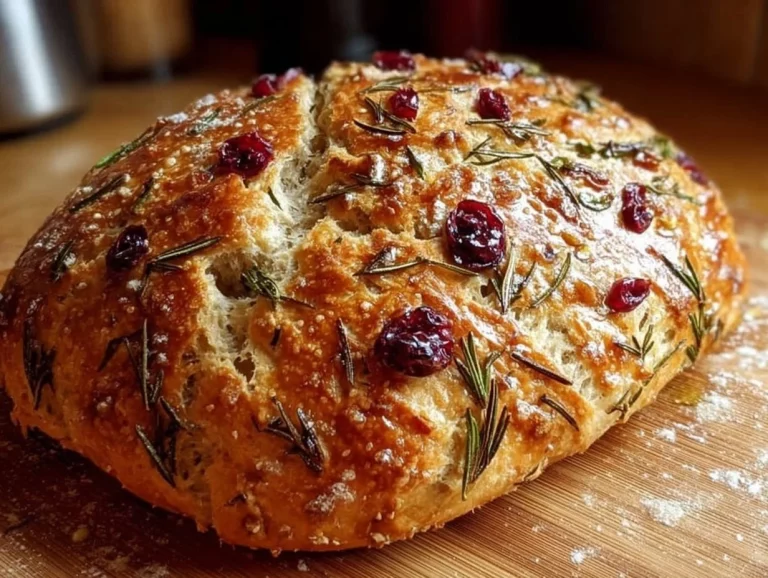 Delicious no-knead rosemary cranberry bread with olive oil and sea salt.