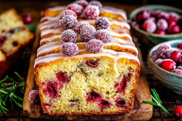 Sliced Orange Cranberry Bread with cranberries and orange zest on a cutting board
