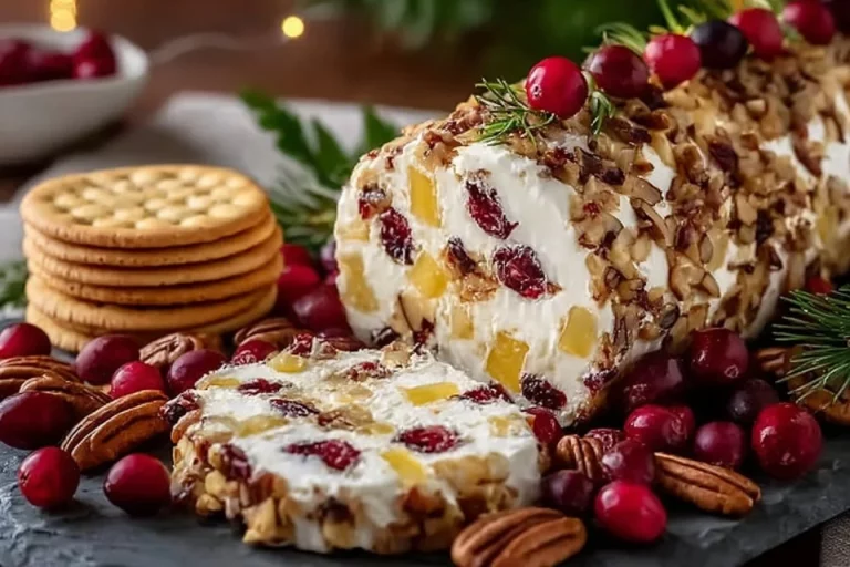 Pineapple Cranberry Holiday Cheese Log with festive toppings