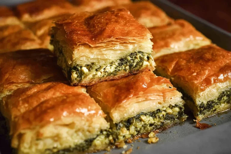 Puff pastry spinach feta pie, a delicious Greek Spanakopita dish ready to serve.