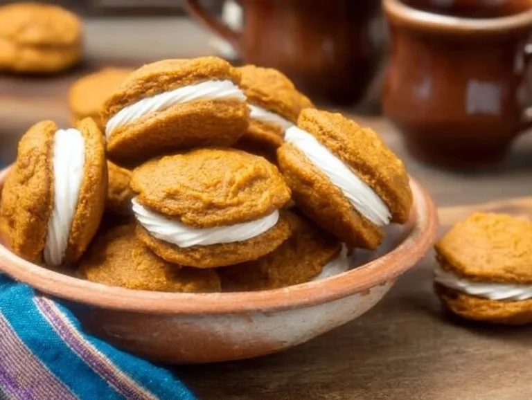 Pumpkin Sandwich Cookies with Cream Cheese Filling on a plate