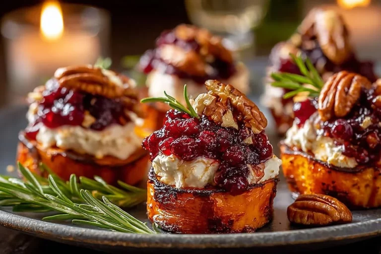 Delicious sweet potato rounds topped with cranberry and cream cheese