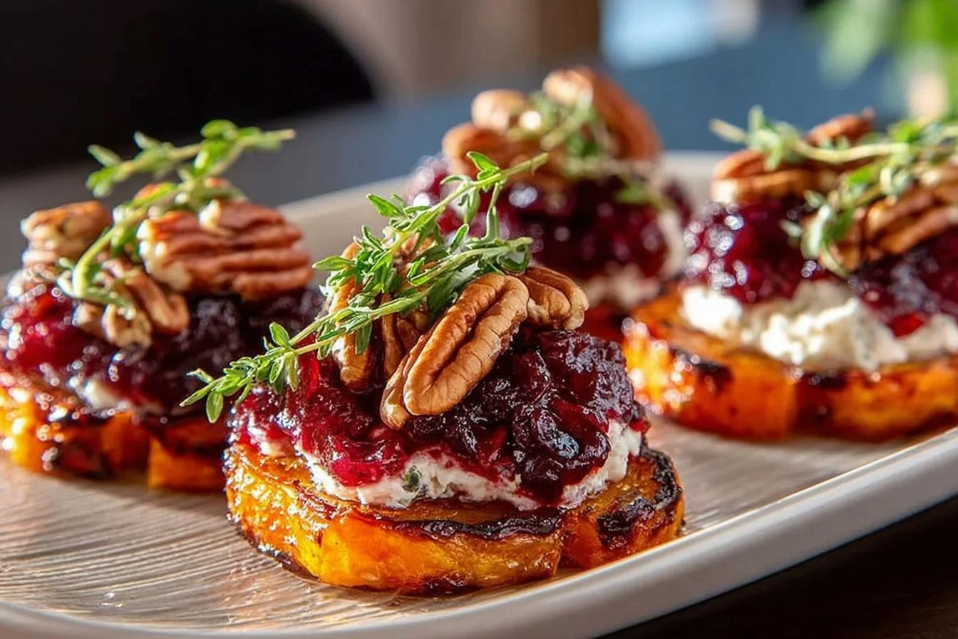 Sweet potato rounds topped with cranberry and cream cheese on a serving platter