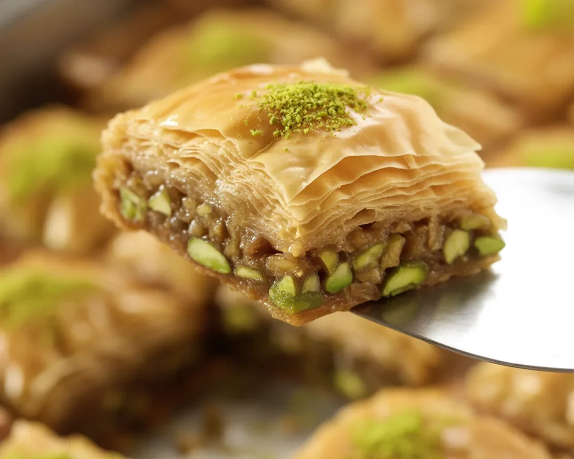 Small Batch Turkish Pistachio Baklava Rolls with nuts and honey syrup