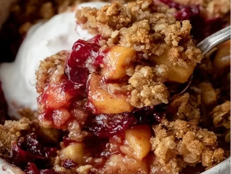 Delicious cranberry apple crisp with crunchy oat topping served in a bowl.