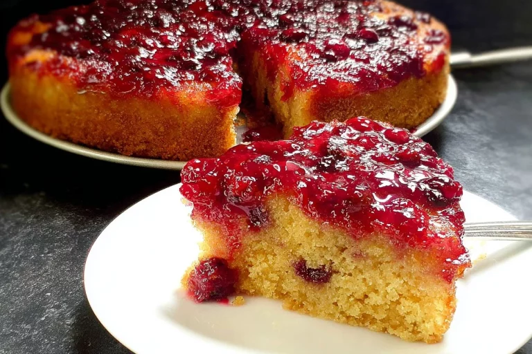 Sliced vegan cranberry upside-down cake with vibrant cranberries on top.