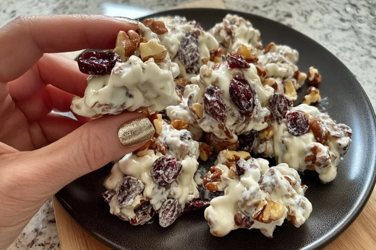 Delicious white chocolate cranberry pecan clusters arranged on a plate.
