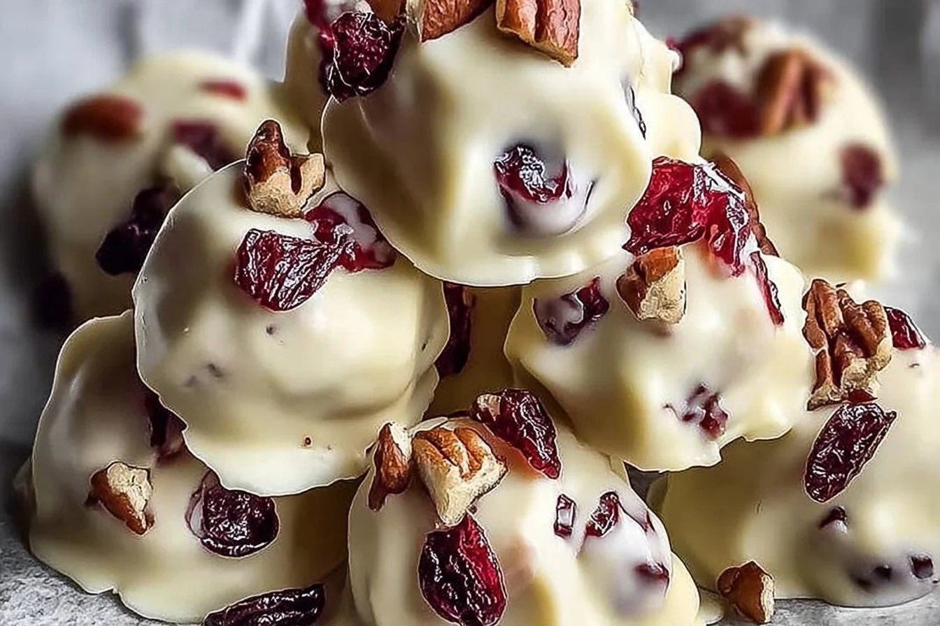 Delicious white chocolate cranberry pecan clusters on a decorative plate