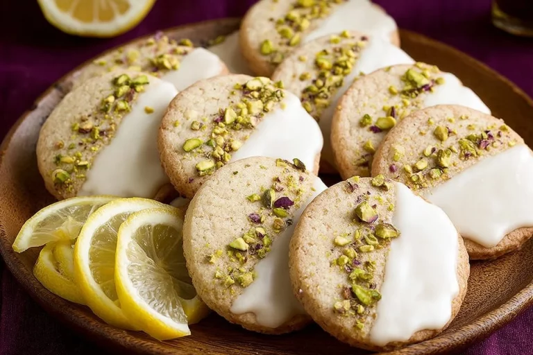 White chocolate dipped lemon shortbread cookies on a plate