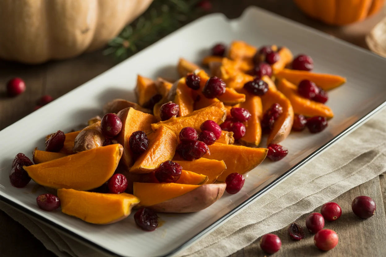 Maple Roasted Sweet Potatoes with Cranberries