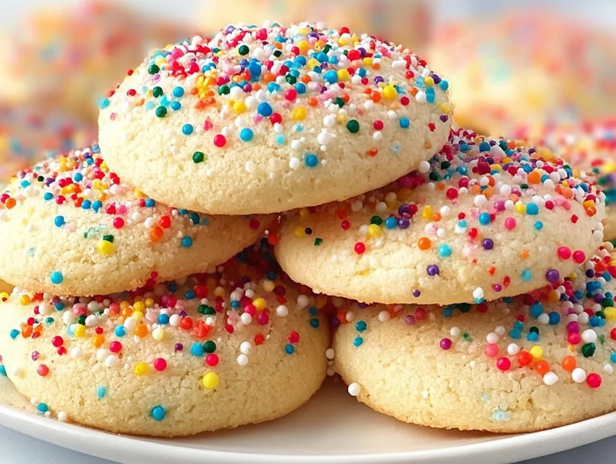 Plate of freshly baked 3-ingredient sugar cookies with colorful sprinkles.