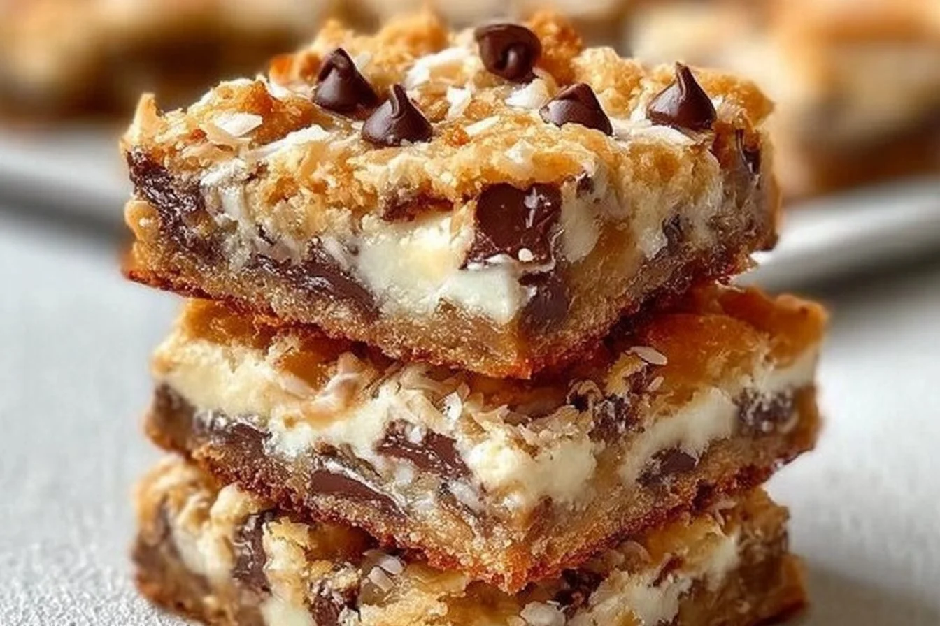 Delicious homemade 7-layer bars with chocolate and coconut layers