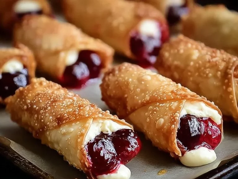 Air fryer cherry cheesecake egg rolls on a plate with cherry topping.
