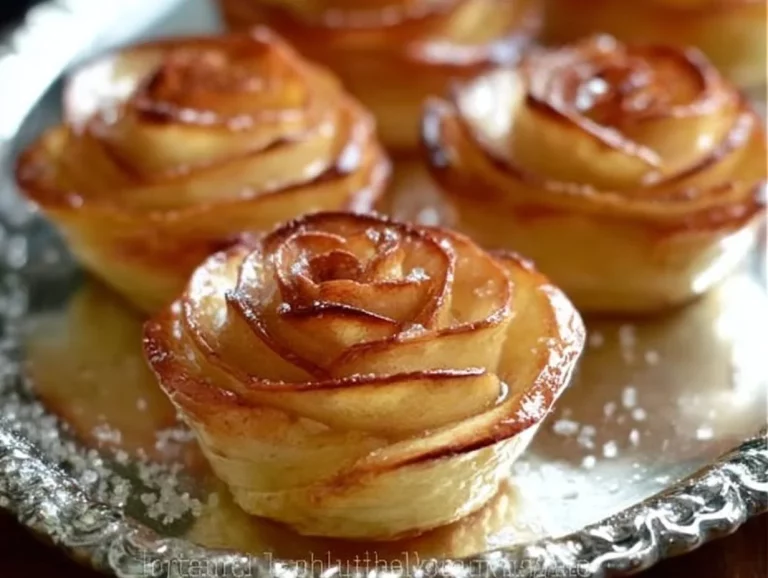 Beautifully arranged apple roses dessert made with thinly sliced apples.