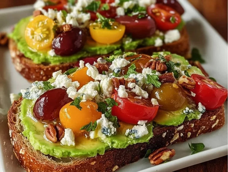 Delicious avocado toast topped with feta cheese, cherry tomatoes, and nuts