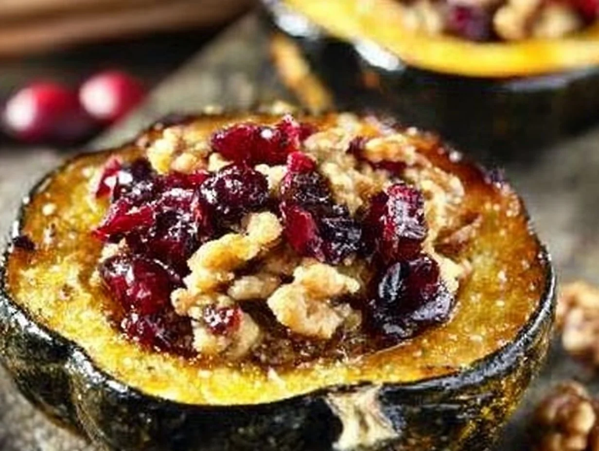 A delicious baked acorn squash filled with stuffing, cranberries, and brown sugar butter.