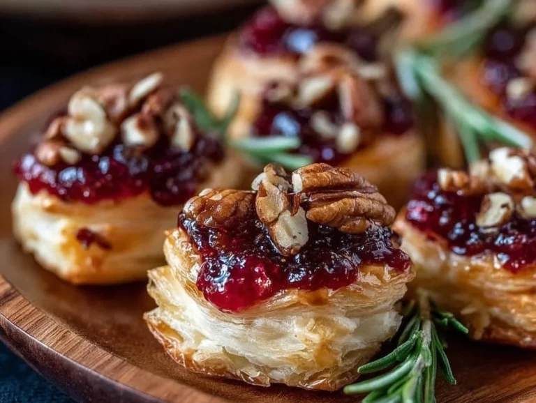 Platter of delicious baked cranberry brie bites with crispy pastry