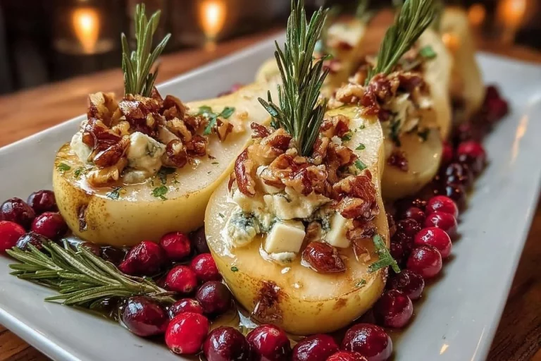 Baked pears with brie cheese, walnuts, and cranberries served on a plate