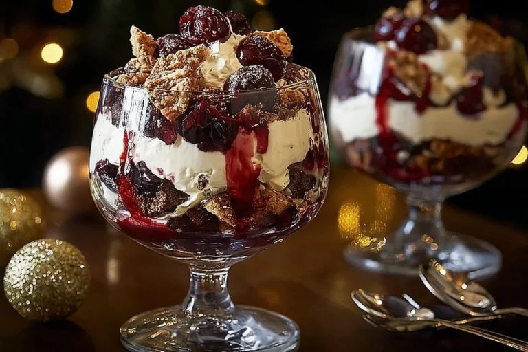 Delicious Black Forest Trifle with layers of chocolate cake, cherries, and whipped cream.