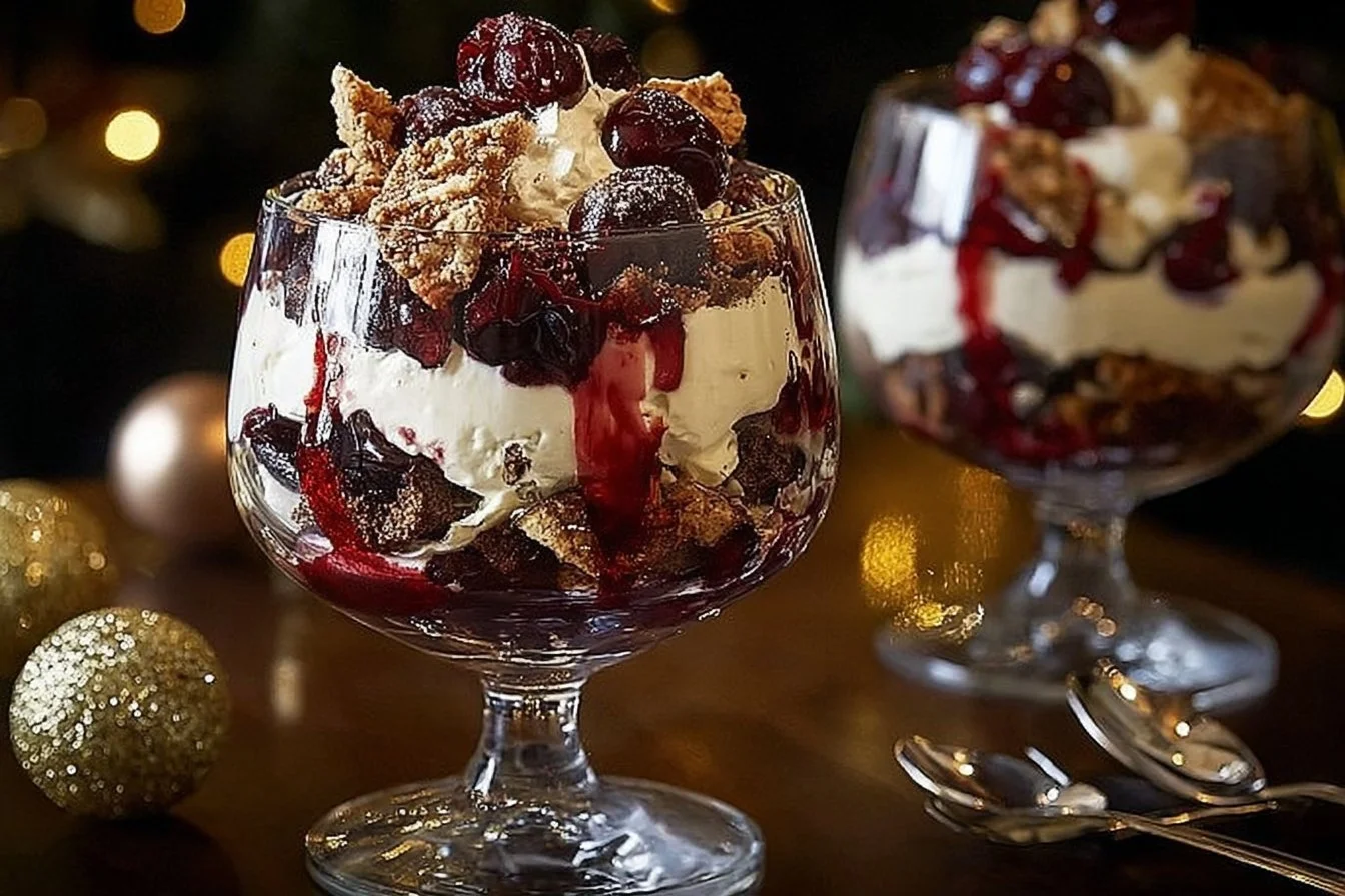Delicious Black Forest Trifle with layers of chocolate cake, cherries, and whipped cream.