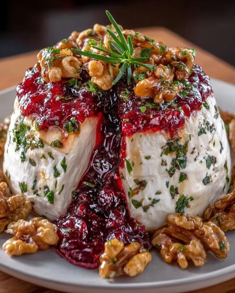 Boursin cream cheese log garnished with cranberry glaze on a wooden board