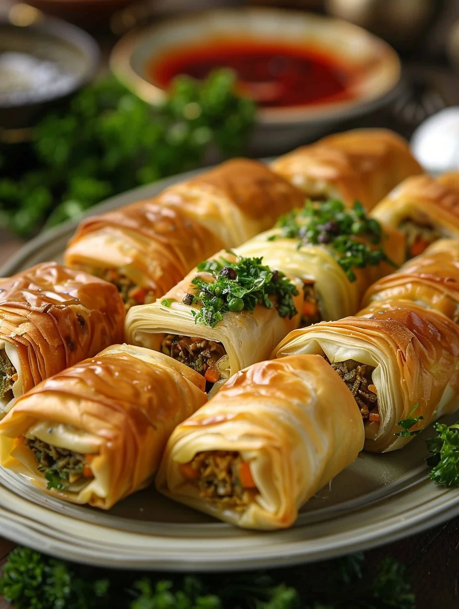 Broccoli Ricotta Puff Pastry Rolls on a plate garnished with herbs