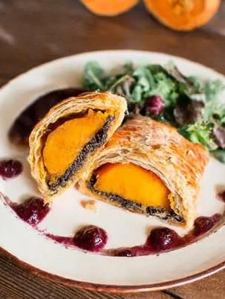 Butternut Wellington with savory cranberry gravy served on a plate.
