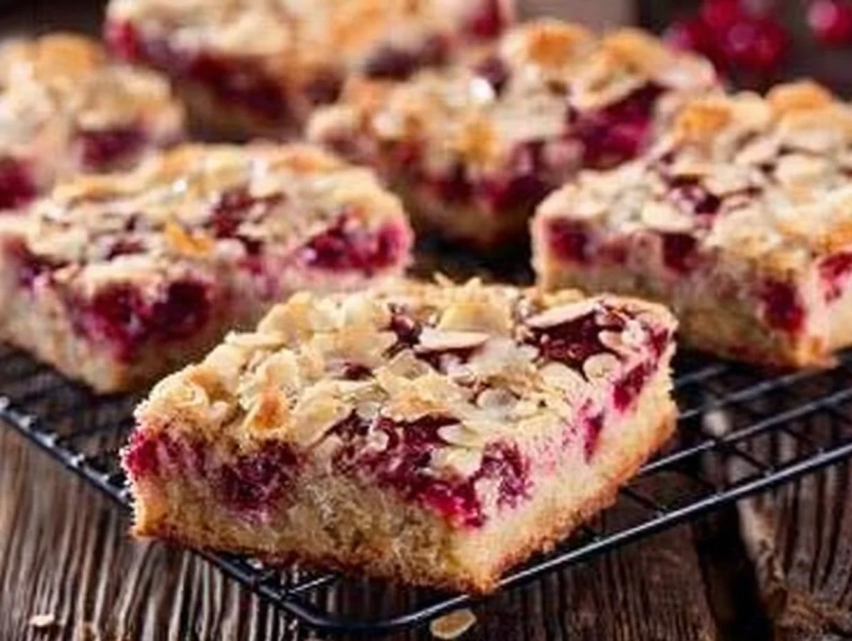 Buttery cranberry cookie bars served on a festive plate