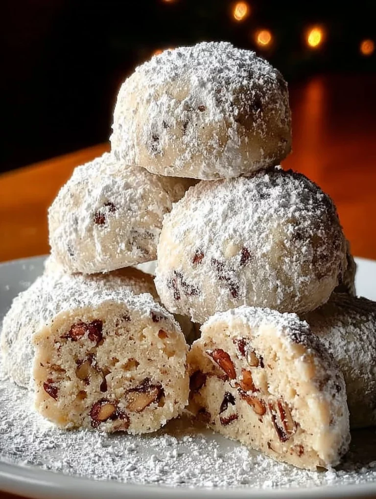 Plate of buttery Pecan Snowball Cookies dusted with powdered sugar
