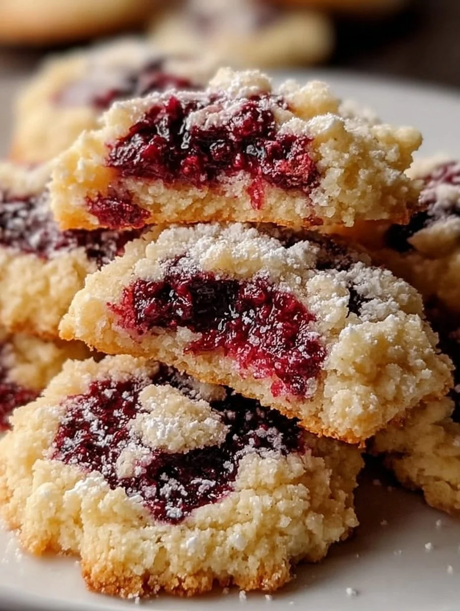 Buttery raspberry crumble cookies with sweet raspberry filling and crumbly topping