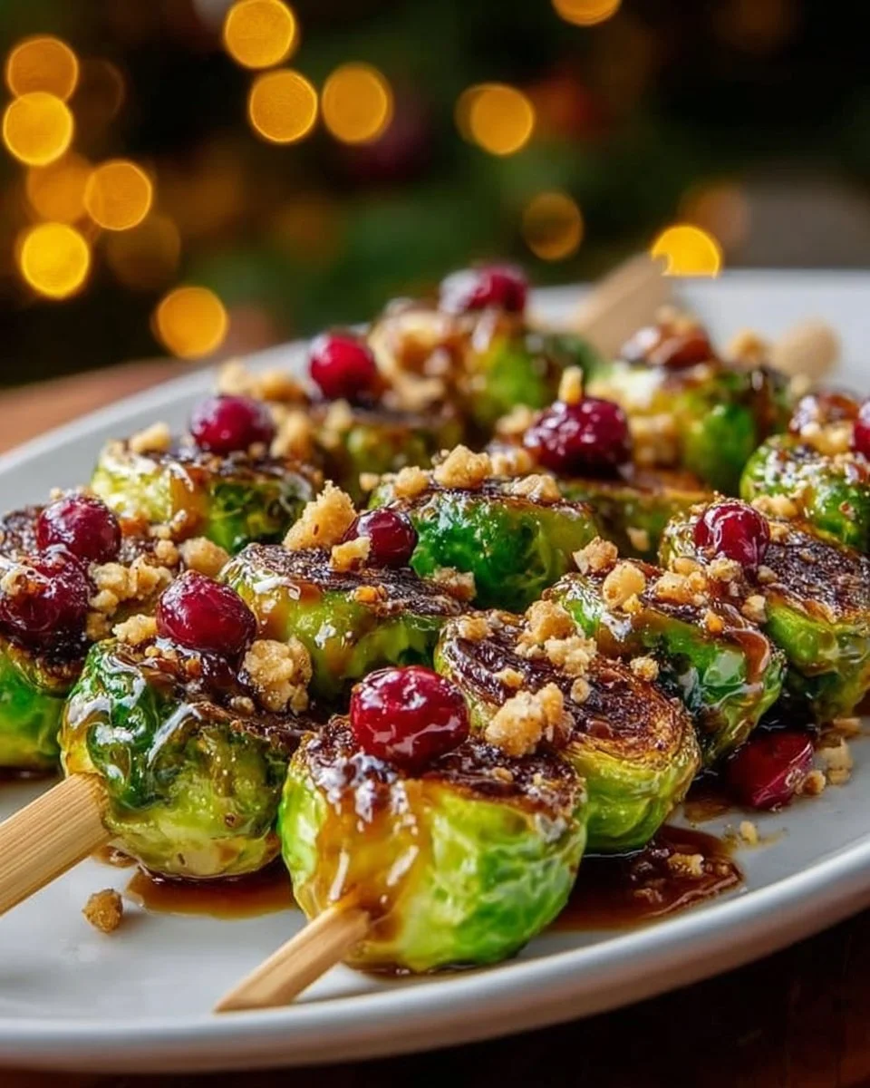 Caramelized Brussels sprouts Christmas skewers drizzled with walnut honey.