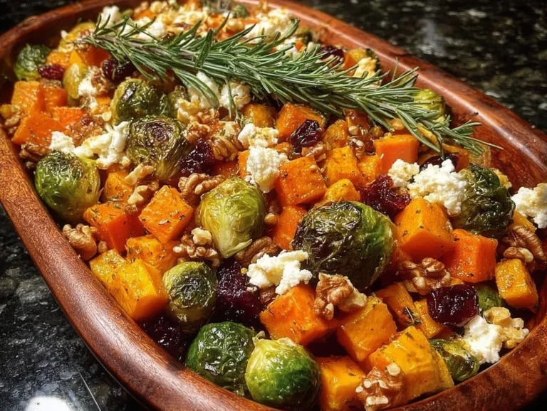 Caramelized butternut squash and vegetables drizzled with cranberry-honey glaze.