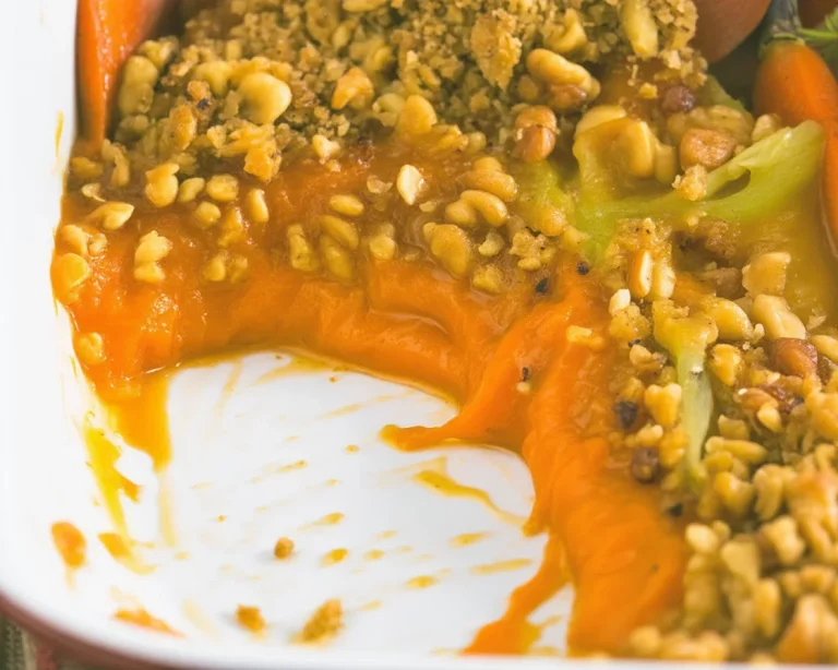 Dish of caramelized carrots topped with a crispy walnut crumble.