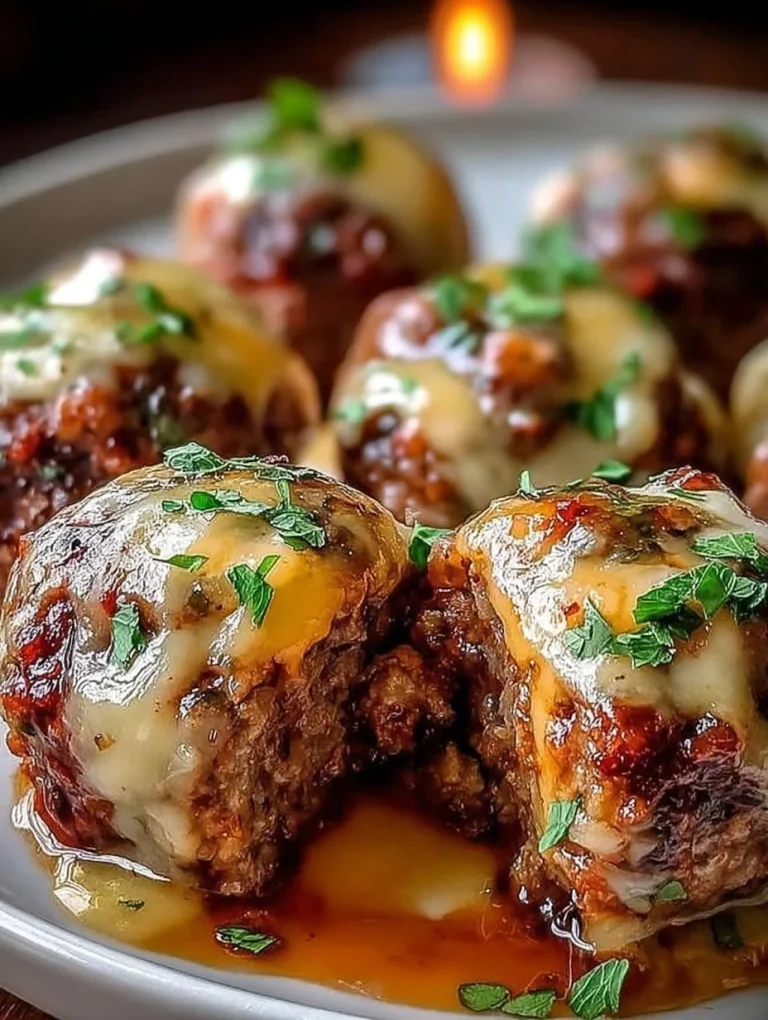 Cheesy stuffed meatloaf bites served on a plate with fresh herbs.