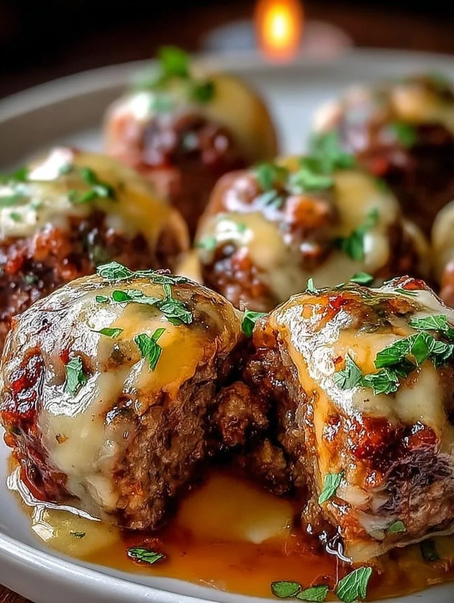Cheesy stuffed meatloaf bites served on a plate with fresh herbs.