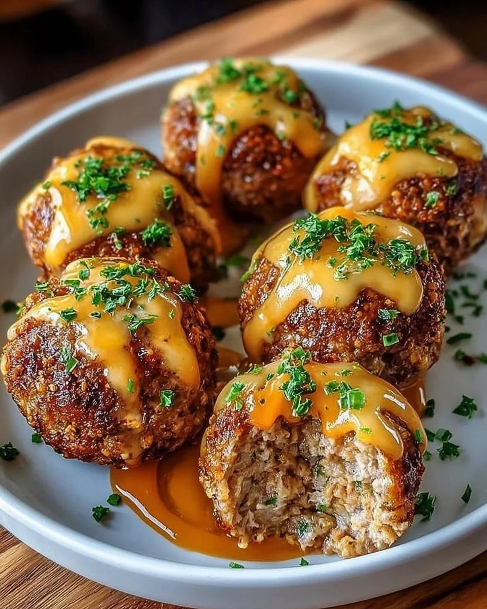 Cheesy stuffed meatloaf bites served on a plate