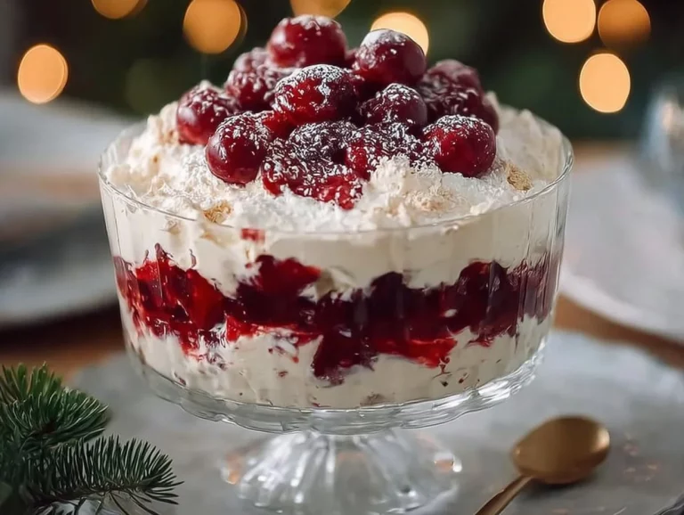 Cherries in the Snow dessert with cherries and whipped cream