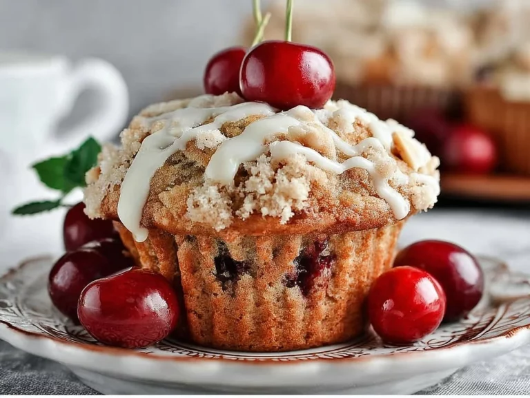 Freshly baked Cherry Almond Streusel Muffins on a cooling rack