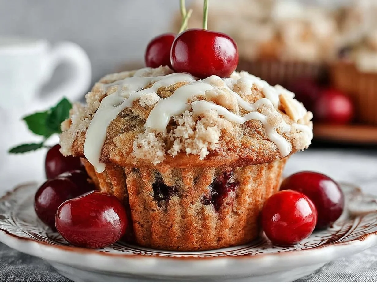 Freshly baked Cherry Almond Streusel Muffins on a cooling rack