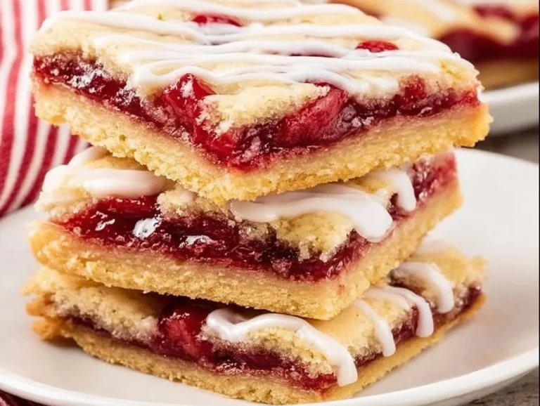 Delicious cherry bars topped with almond glaze served on a white plate.