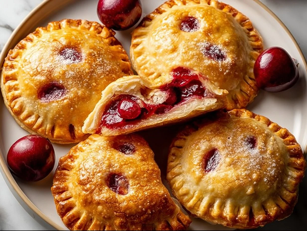 Freshly baked cherry hand pies with flaky crust and cherry filling