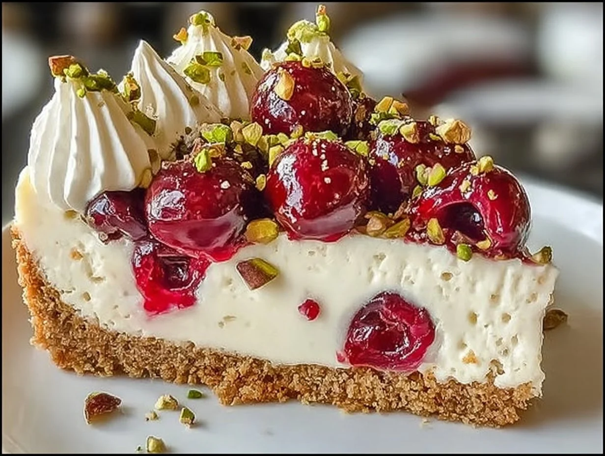 Delicious Cherry Pistachio Cheesecake topped with cherries and pistachios